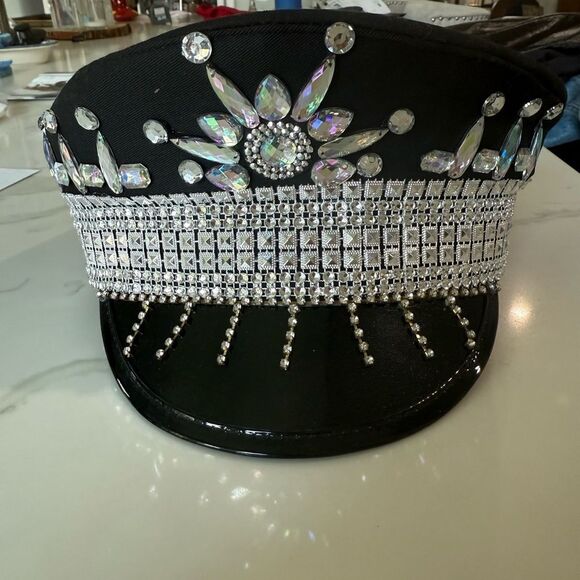Black Rhinestone Captain Hat Unisex Crystal Bling Party Dance Performance Cap - Picture 2 of 7